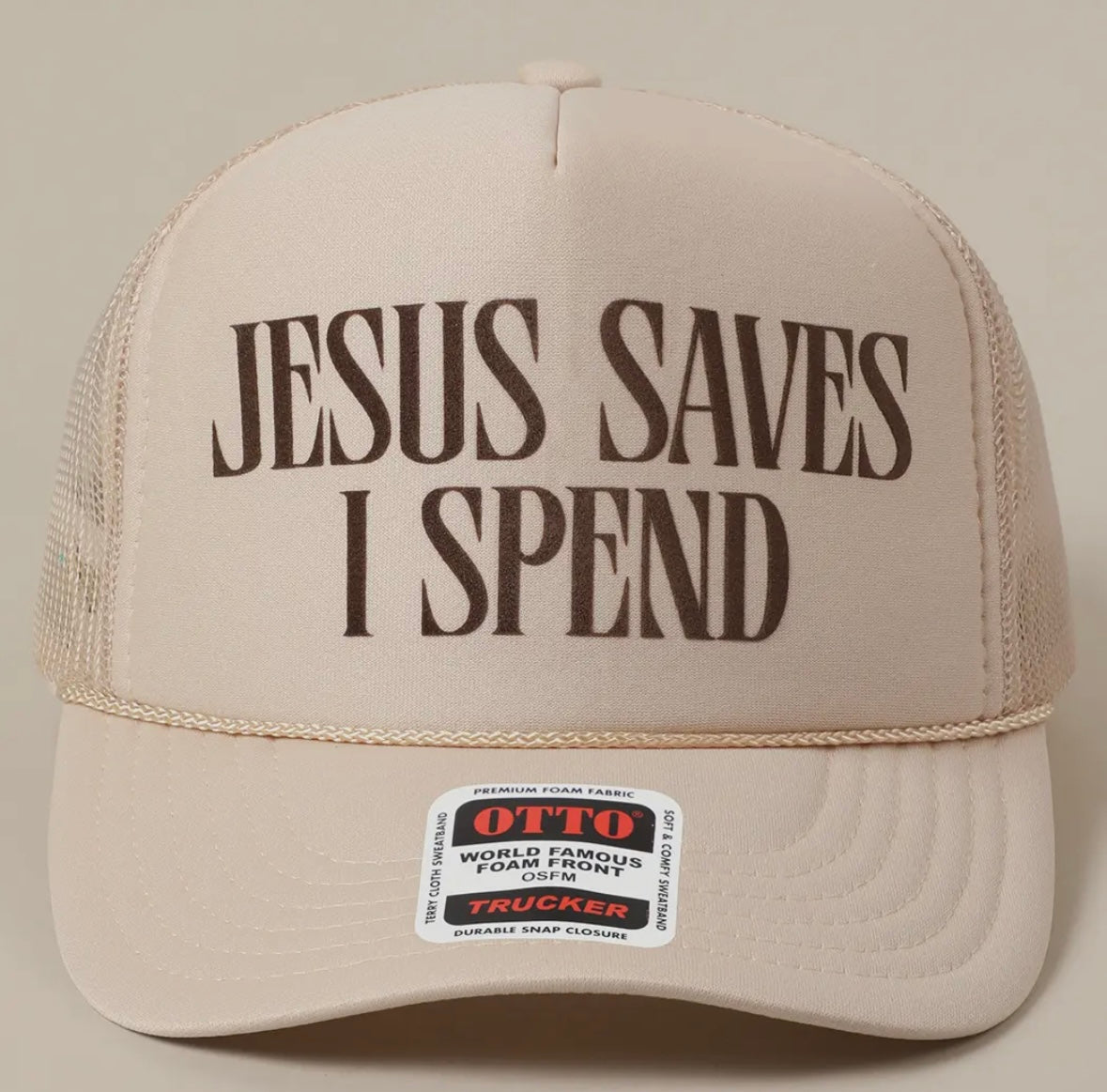 Beige & Leopard \'Jesus Saves I Spend\' Trucker Hat Jesus Saves I Spend Leopard Vintage Hat / Vintage Trucker  main image 4