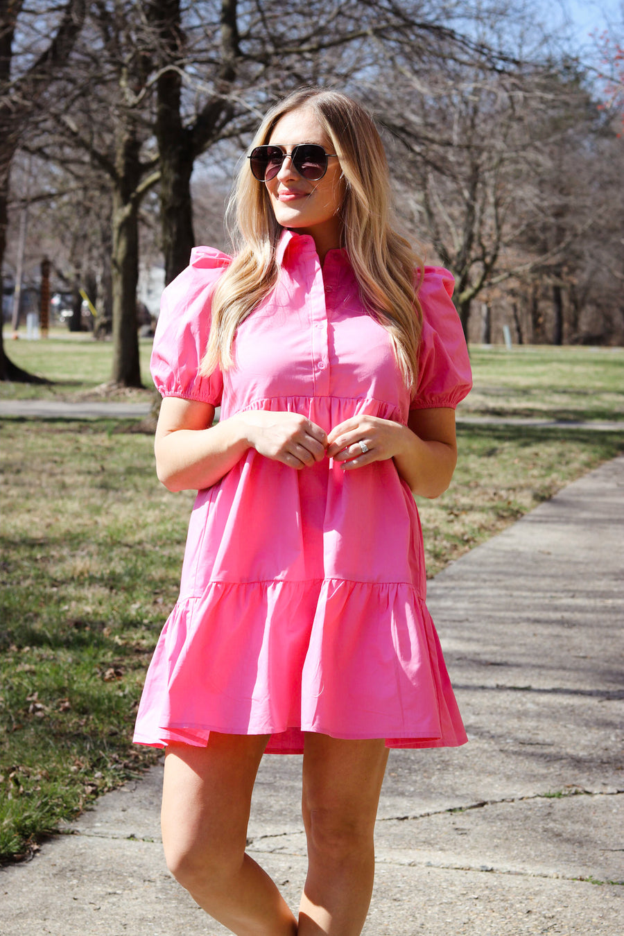 Barbie Pink Collared Puff Sleeve Dress